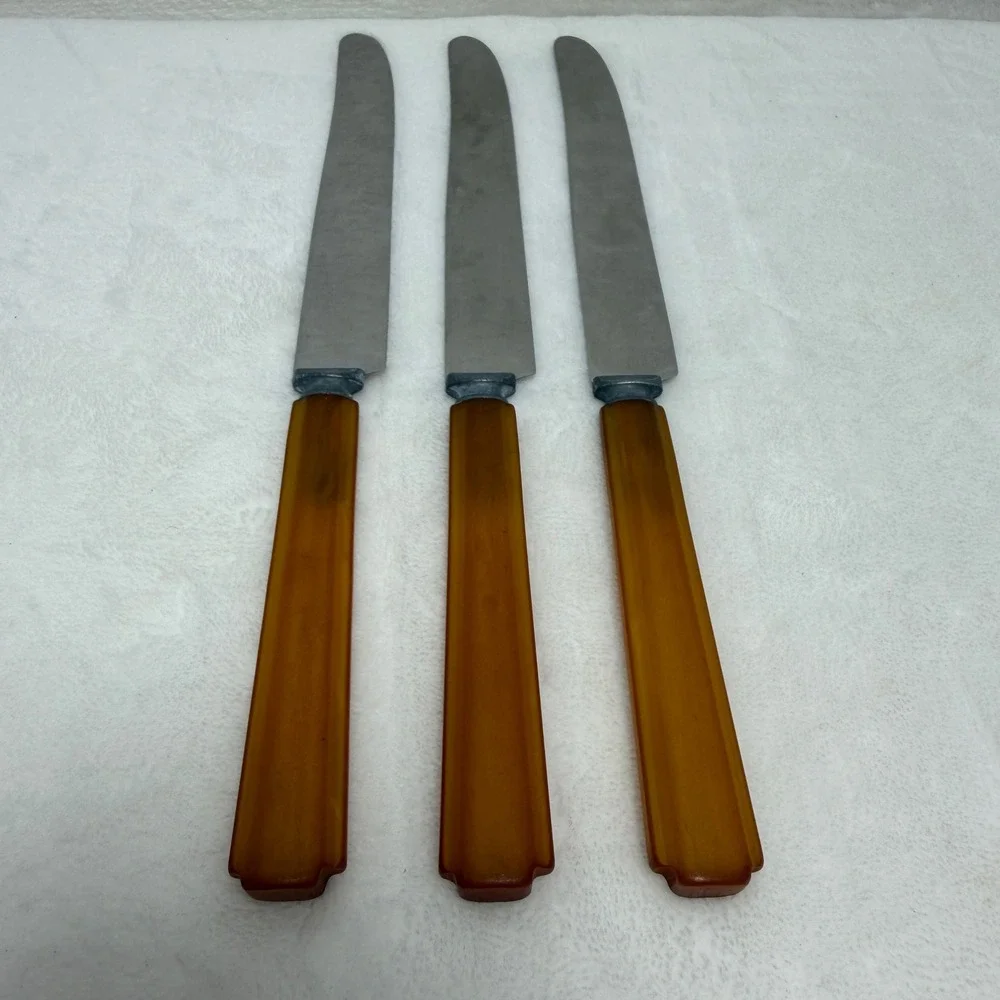 VTG Butterscotch Bakelite Handle Dinner Knives Art Deco‎ Stainless Set of 3 MCM